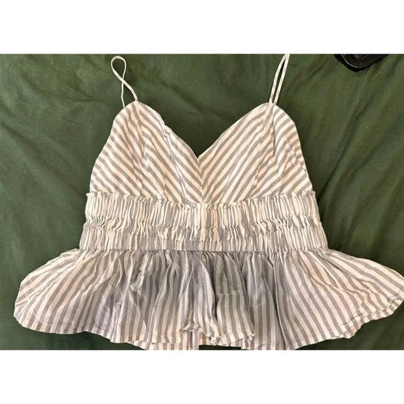 Express Women large Crop Top Striped GrayWhite Triangle Smocked Spaghetti Strap - Picture 5 of 7